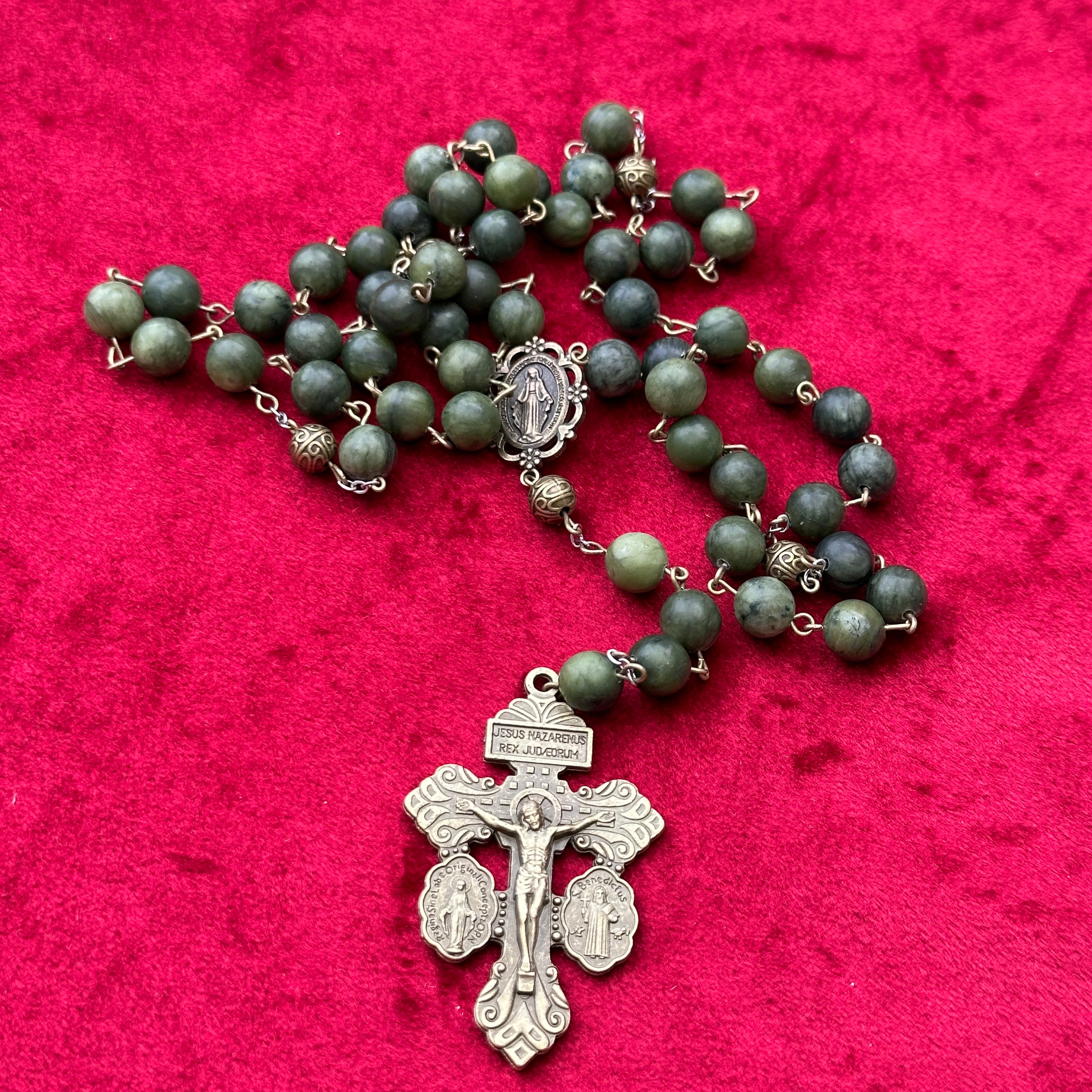 Popular Handmade Rosary, Maroon with Gold Paint Mountain Jade Beads