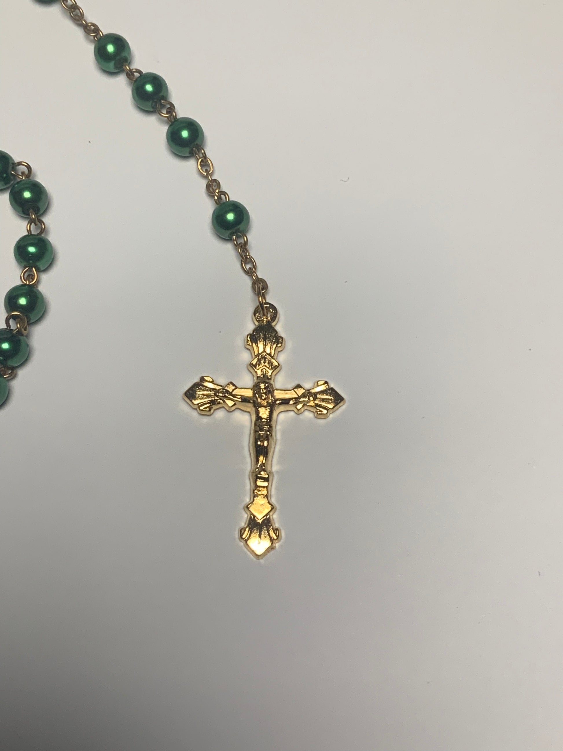 Catholic rosary beads green gold cross