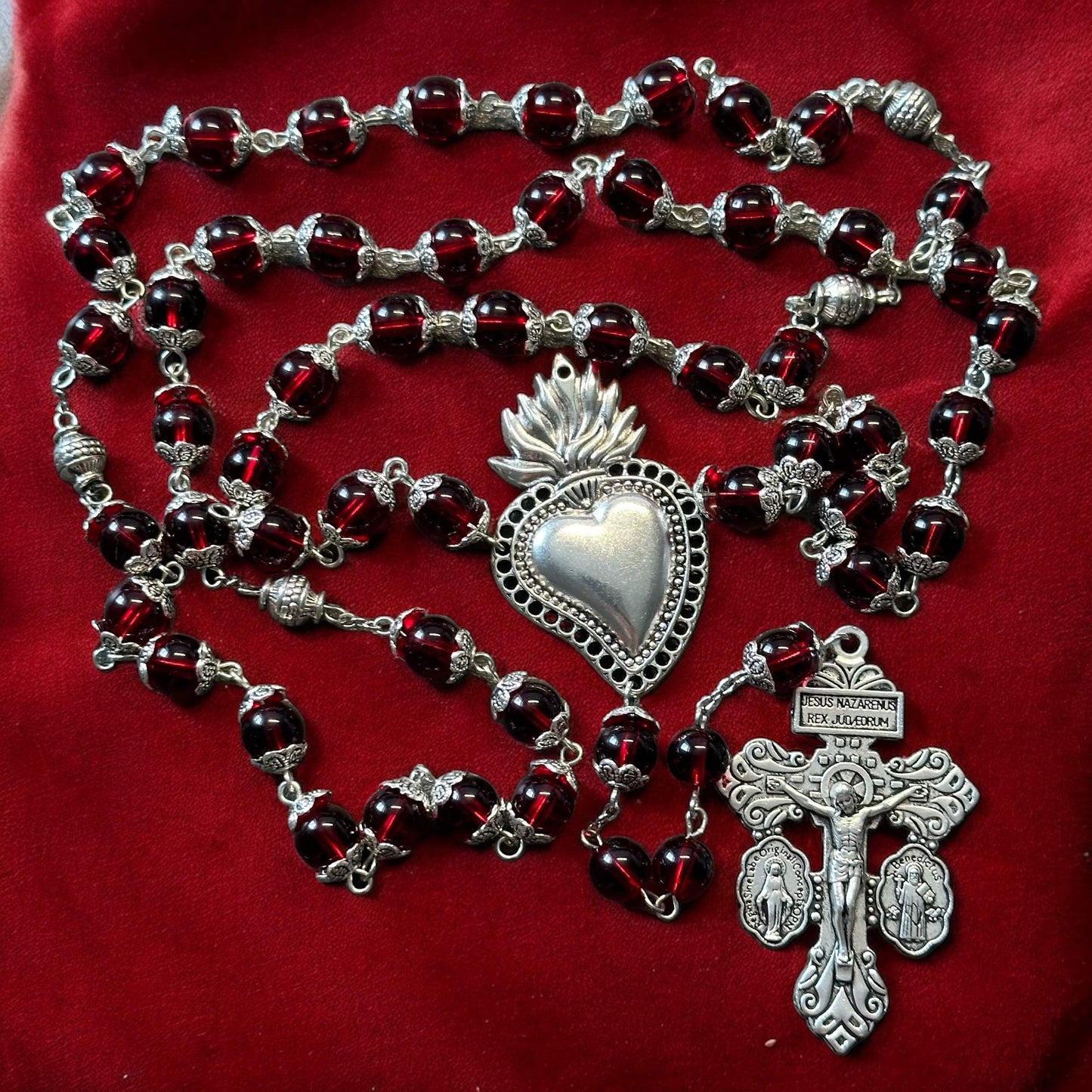 Handmade Red Glass and Silver Rosary